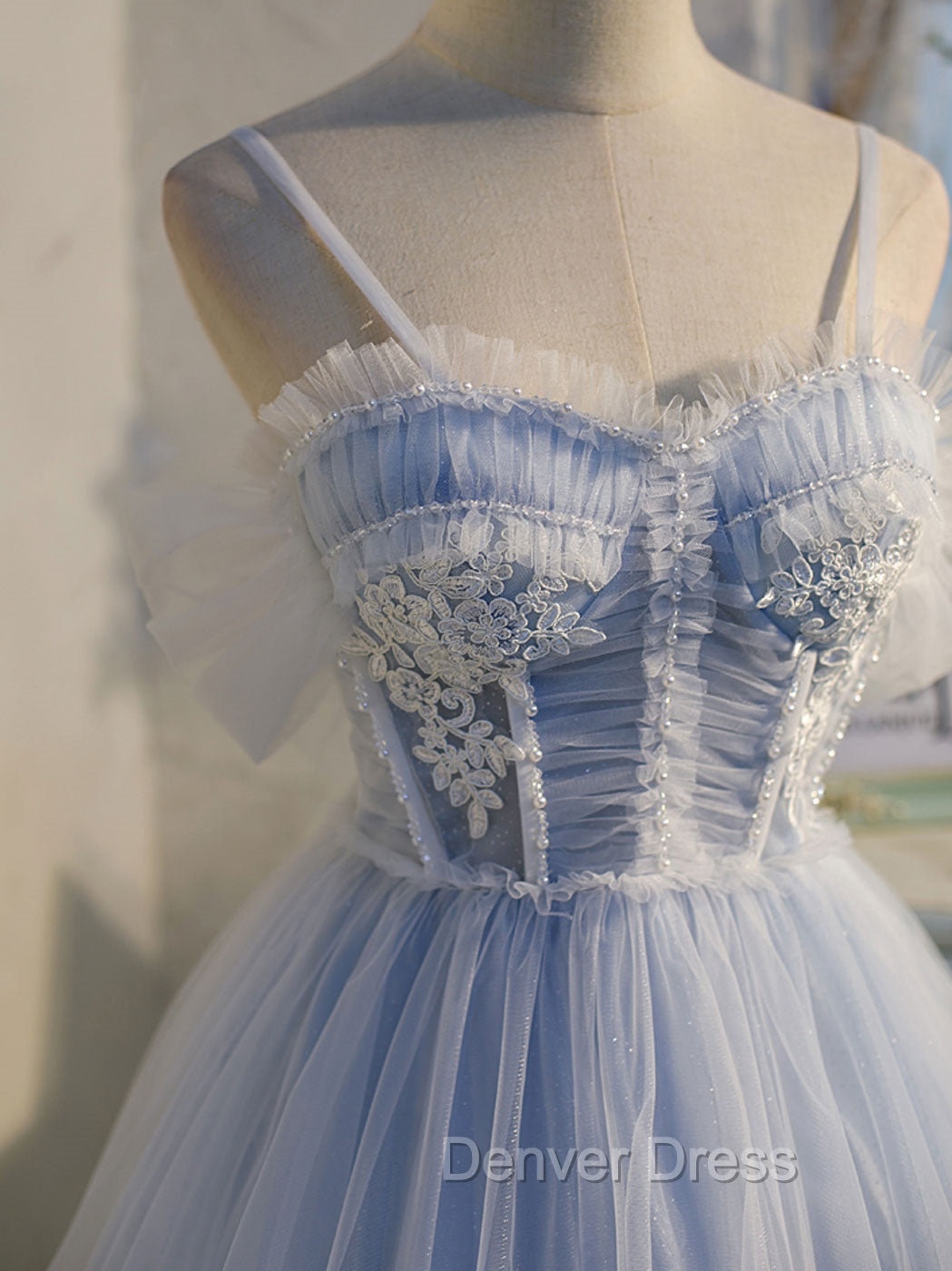 Blue sweetheart neck tulle lace short prom Dress blue puffy homecoming Dresses Secondary image
