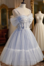 Blue sweetheart neck tulle lace short prom Dresses blue puffy homecoming Dresses