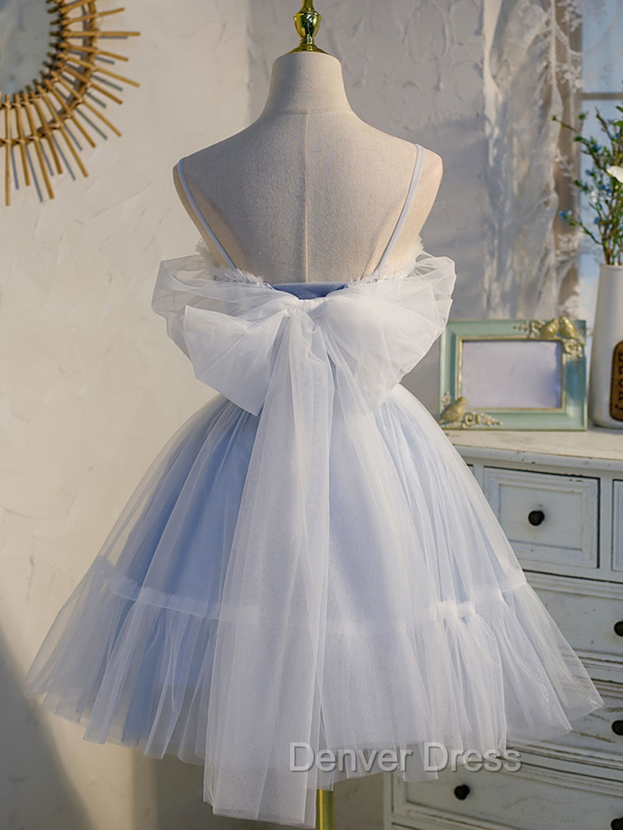 Blue sweetheart neck tulle lace short prom Dress blue puffy homecoming Dresses