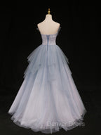 Blue Sweetheart Neck Tulle Long Prom Gown, Blue Long Formal Graduation Dresses
