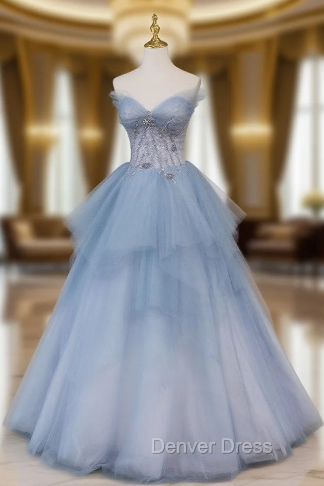 Blue Sweetheart Neck Tulle Long Prom Gown, Blue Long Formal Graduation Dresses