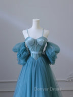 Blue Sweetheart Off Shoulder Long Party Dresses, Blue Tulle Prom Dresses