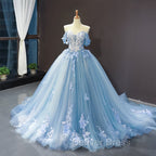 Blue Sweetheart Off Shoulder with Lace Applique Party Dresses, Blue Sweet 16 Dresses