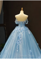 Blue Sweetheart Off Shoulder with Lace Applique Prom Dress, Blue Sweet 16 Dresses