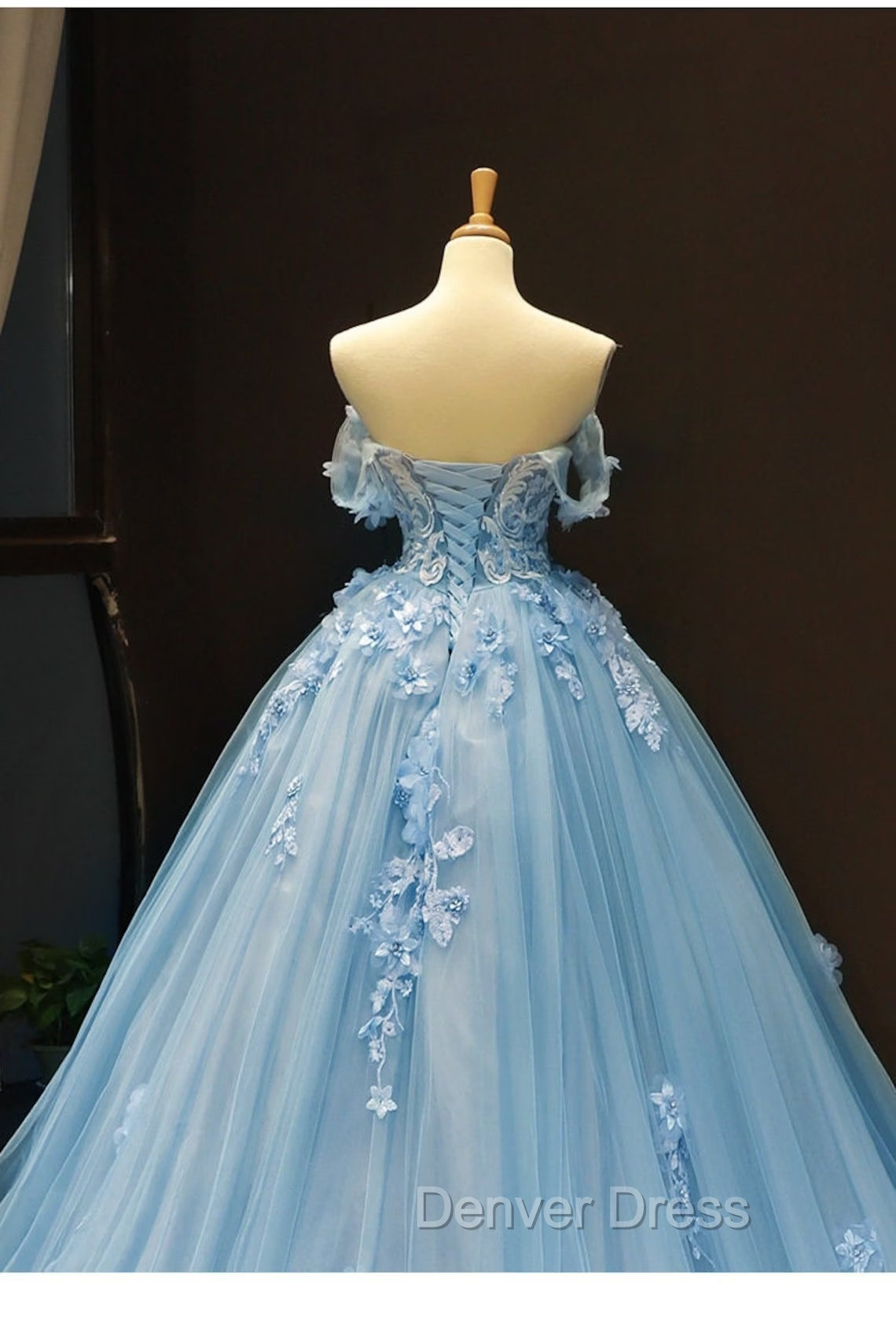 Blue Sweetheart Off Shoulder with Lace Applique Prom Dress, Blue Sweet 16 Dresses
