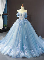 Blue Sweetheart Off Shoulder with Lace Applique Prom Dress, Blue Sweet 16 Dresses