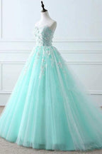 Blue Sweetheart Puffy Tulle Prom with Lace Appliques Long Graduation Dress