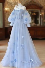 Blue Sweetheart Tulle 3D Flower Long Prom Dresses, Blue Evening Dresses