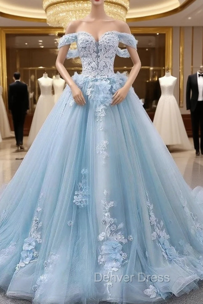 Blue Sweetheart Tulle Lace Long Prom Dresses, Blue Wedding Dresses Main image