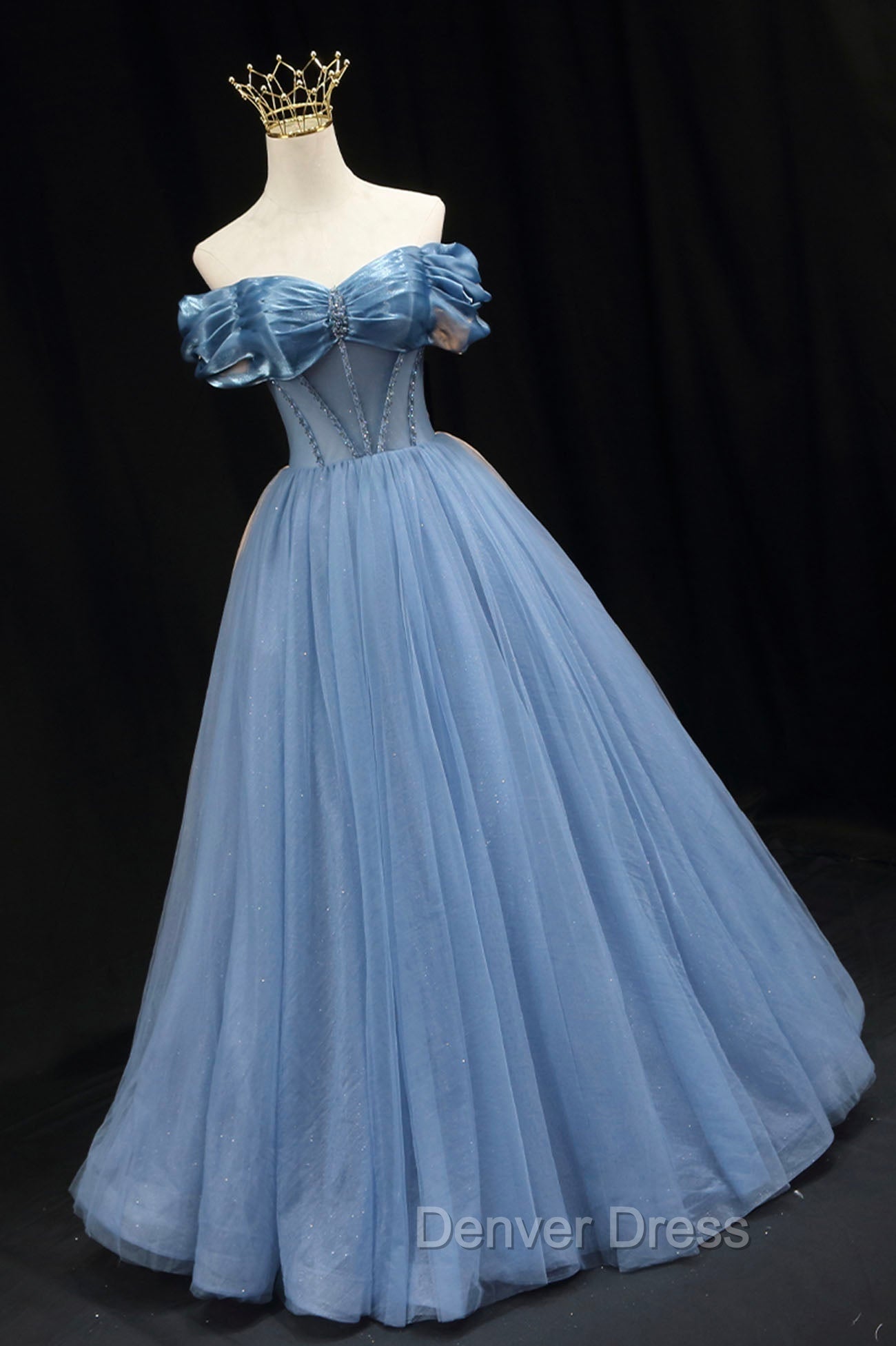 Blue Sweetheart Tulle Long Formal Dresses, Off the Shoulder Evening Graduation Dresses Secondary image