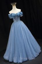 Blue Sweetheart Tulle Long Formal Dresses, Off the Shoulder Evening Graduation Dresses