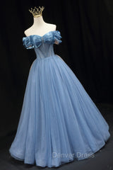 Blue Sweetheart Tulle Long Formal Dresses, Off the Shoulder Evening Graduation Dresses
