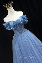 Blue Sweetheart Tulle Long Formal Dresses, Off the Shoulder Evening Graduation Dresses