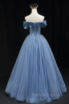 Blue Sweetheart Tulle Long Prom Dress, Off the Shoulder Prom Graduation Dresses