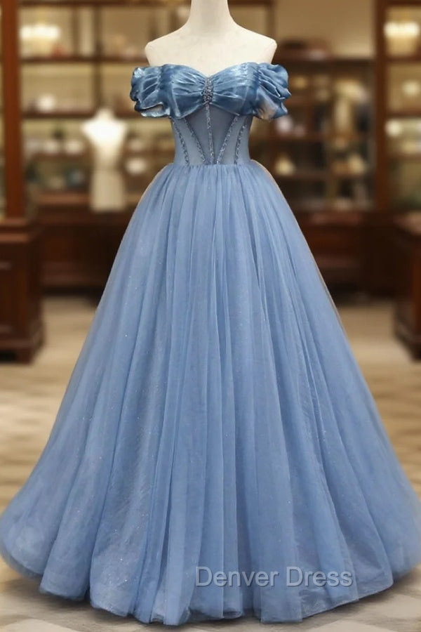 Blue Sweetheart Tulle Long Formal Dresses, Off the Shoulder Evening Graduation Dresses Main image