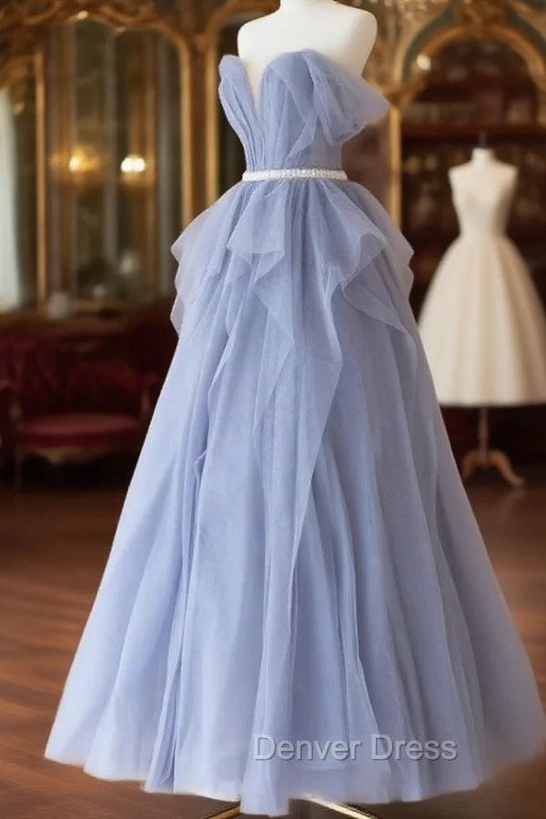 Blue Sweetheart Tulle Off-the-Shoulder Floor-Length Prom Dresses, Blue Evening Gown Secondary image