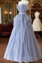Blue Sweetheart Tulle Off-the-Shoulder Floor-Length Prom Dresses, Blue Evening Gown