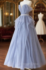 Blue Sweetheart Tulle Off-the-Shoulder Floor-Length Prom Dresses, Blue Evening Gown