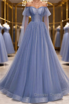 Blue sweetheart tulle sequin long prom Dress blue Prom Dresses