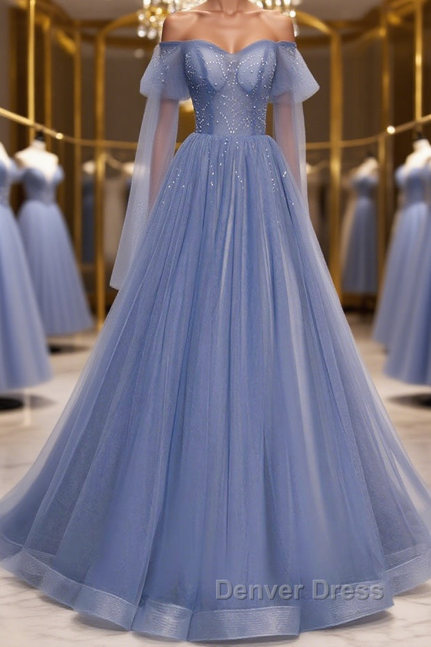 Blue sweetheart tulle sequin long prom Dress blue Prom Dresses