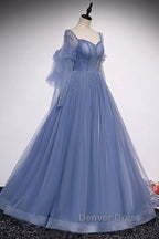 Blue sweetheart tulle sequin long prom Dress blue Prom Dresses