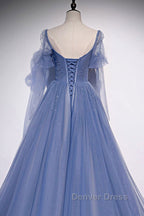 Blue sweetheart tulle sequin long prom Dress blue Prom Dresses