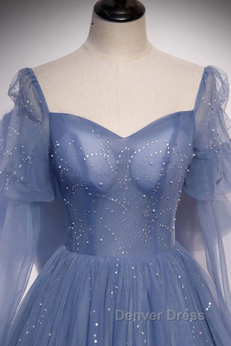 Blue sweetheart tulle sequin long prom Dress blue Prom Dresses