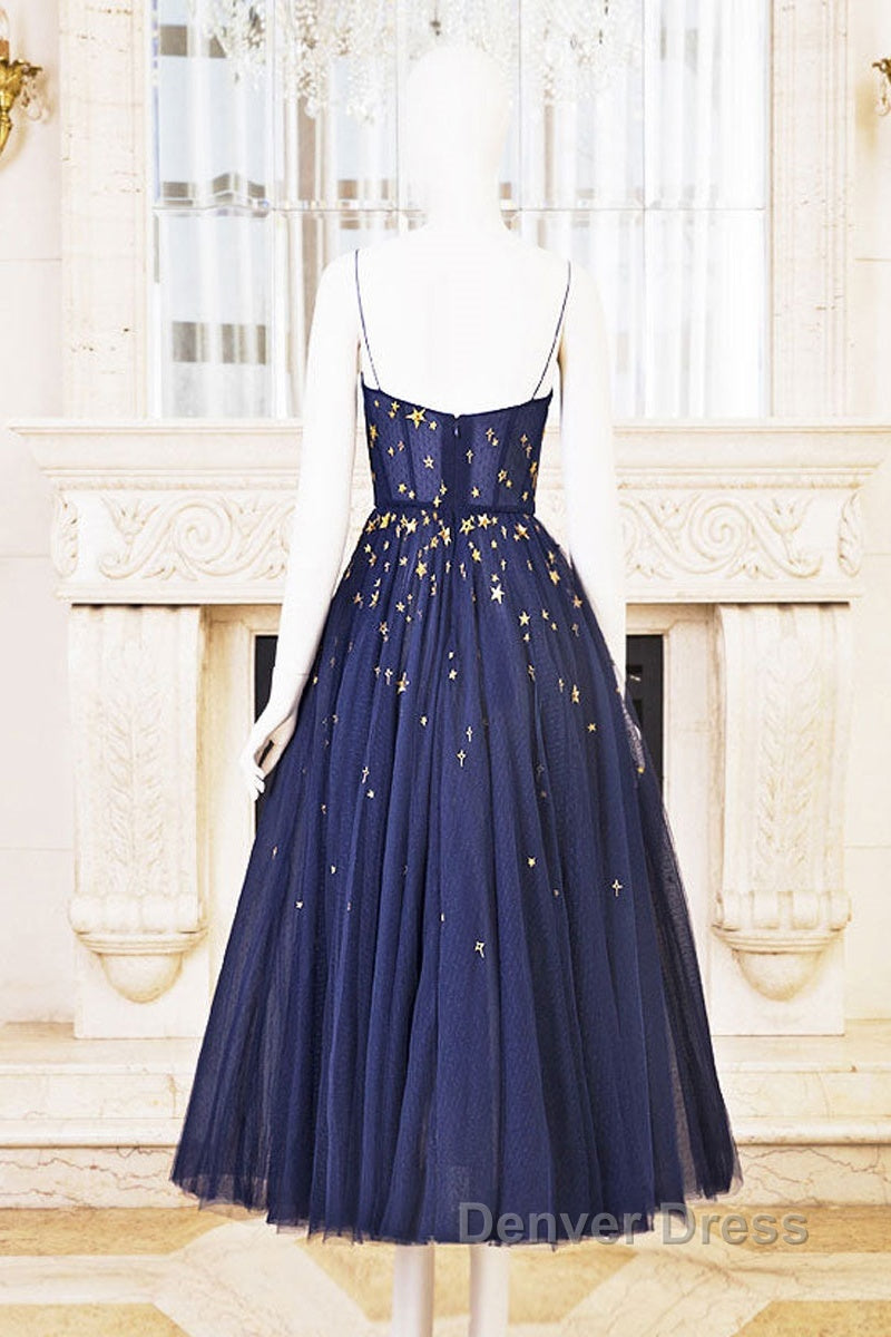 Blue Tea Length Tulle Prom Dress, Blue Tulle Bridesmaid Dresses Secondary image