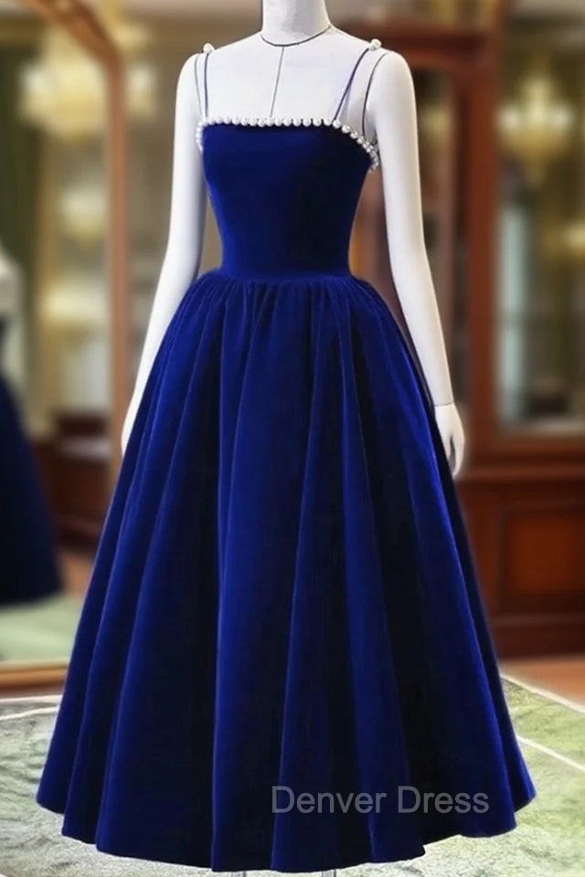 Blue Tea Length Velvet Straps Pearls Prom Dress, Blue Homecoming Dresses Main image