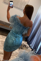 blue tight sequins homecoming dress with feathers