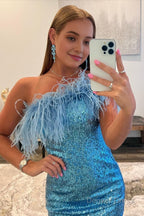 Blue Tight Sequins Homecoming Dresses with Feathers