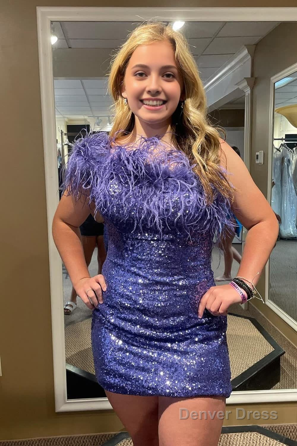 Blue Tight Sequins Homecoming Dresses with Feathers