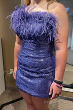 Blue Tight Sequins Homecoming Dresses with Feathers