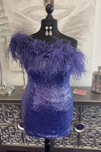 Blue Tight Sequins Homecoming Dresses with Feathers