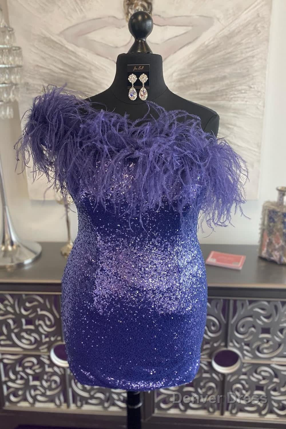 Blue Tight Sequins Homecoming Dresses with Feathers
