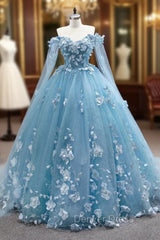 Blue Tulle 3D Appliques Off the Shoulder Prom Dresses