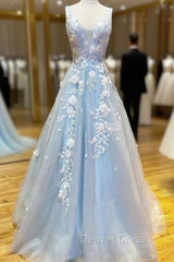 Blue Tulle 3D Appliques V-neck Prom Dresses