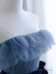 Blue Tulle A-Line Off Shoulder Long Party Dress, Blue Scoop Prom Dress Evening Dress