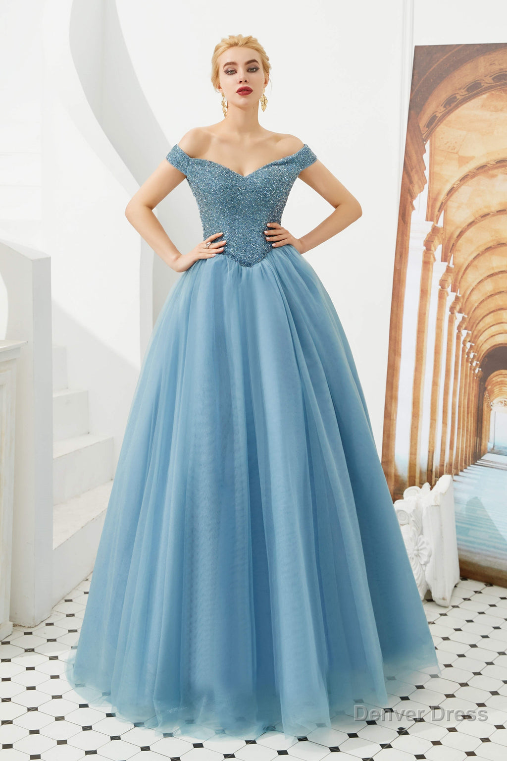 Tulle A Line Off Shoulder Sweetheart Beaded Bodice Long Prom Dresses