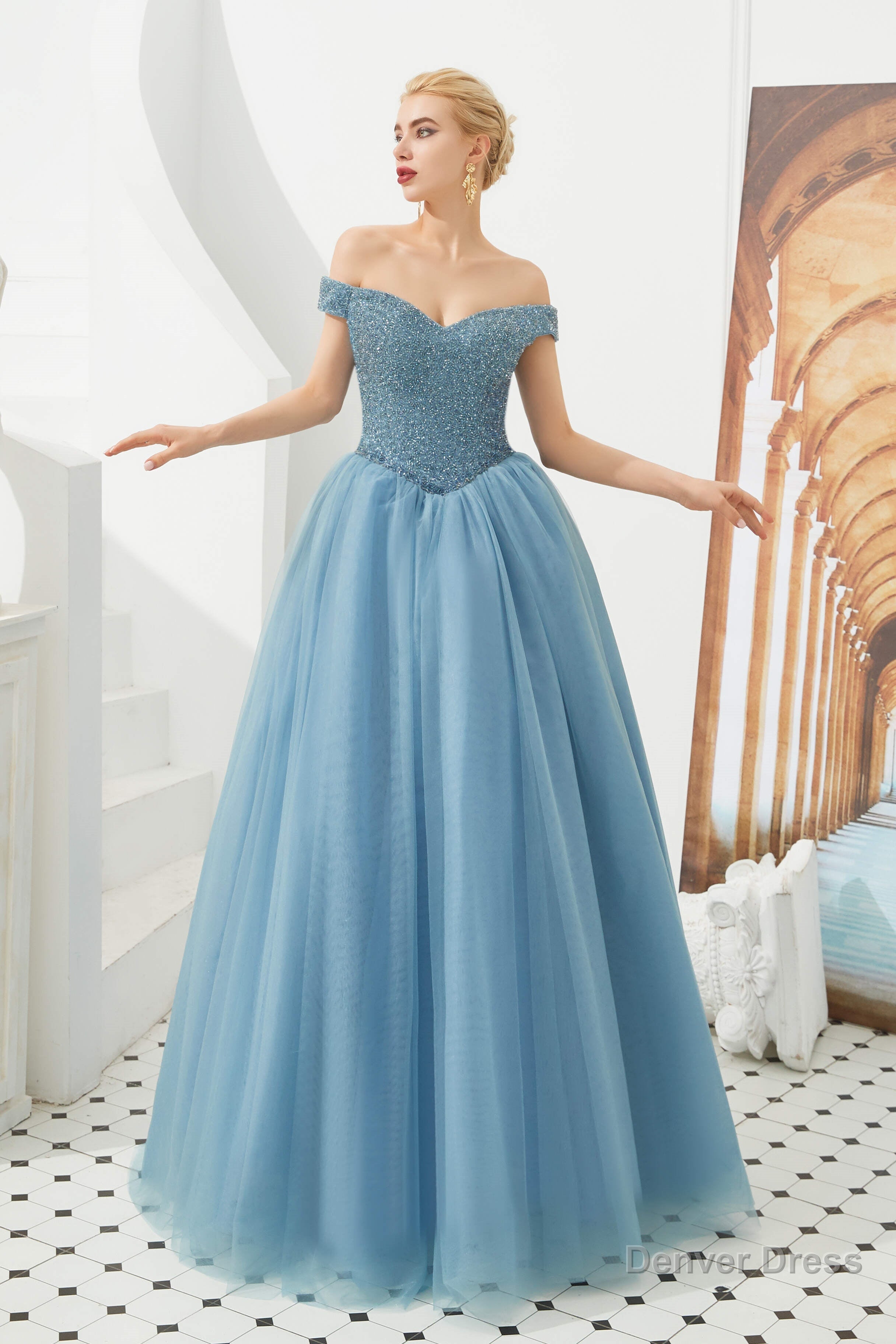 Tulle A Line Off Shoulder Sweetheart Beaded Bodice Long Prom Dresses