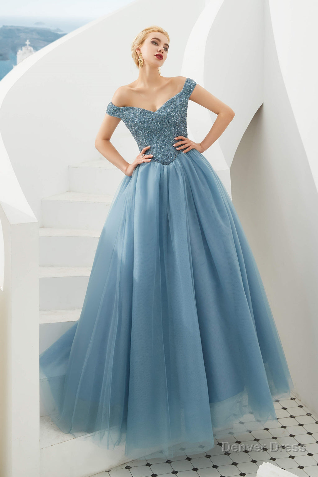 Tulle A Line Off Shoulder Sweetheart Beaded Bodice Long Prom Dresses