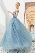 Tulle A Line Off Shoulder Sweetheart Beaded Bodice Long Prom Dresses