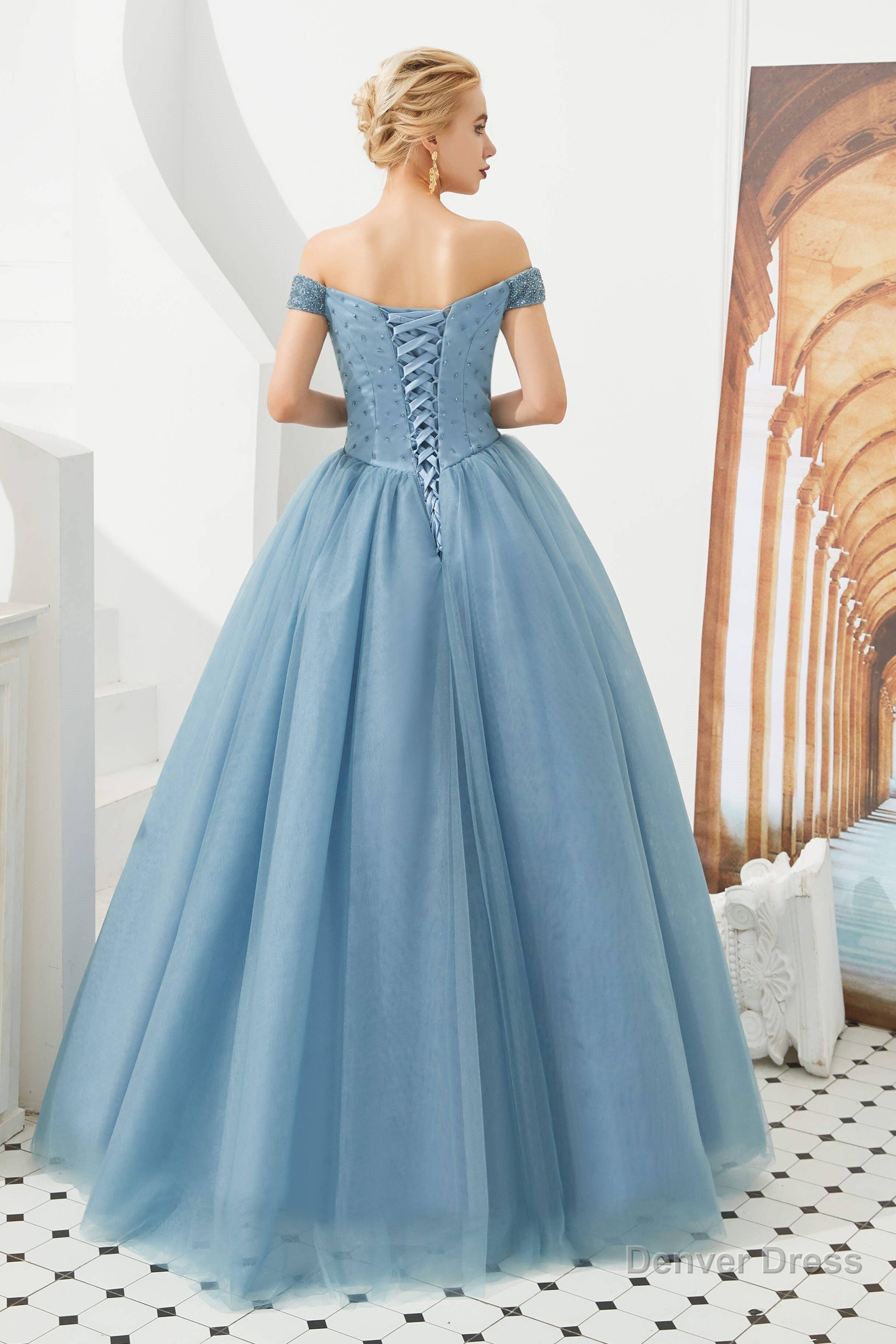 Tulle A Line Off Shoulder Sweetheart Beaded Bodice Long Prom Dresses