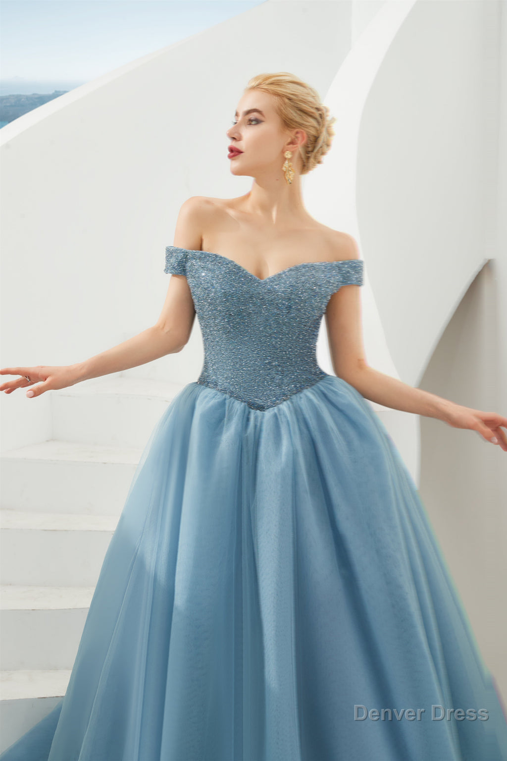 Tulle A Line Off Shoulder Sweetheart Beaded Bodice Long Prom Dresses