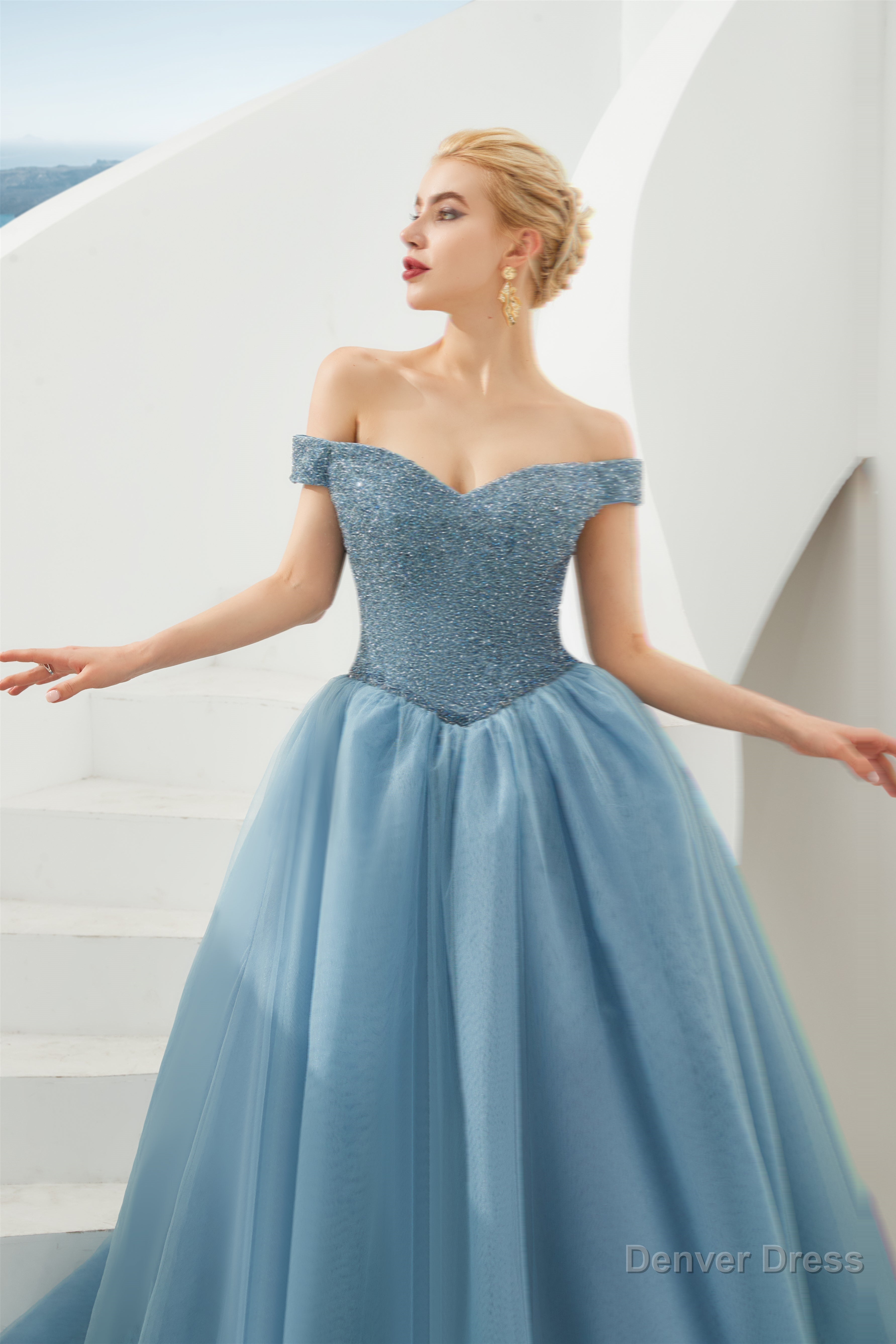 Tulle A Line Off Shoulder Sweetheart Beaded Bodice Long Prom Dresses