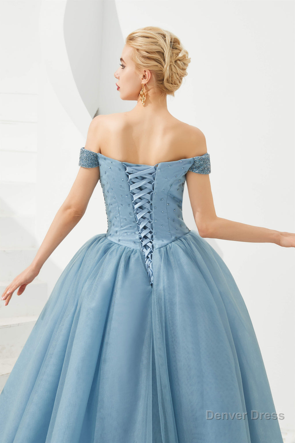 Tulle A Line Off Shoulder Sweetheart Beaded Bodice Long Prom Dresses