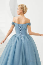 Tulle A Line Off Shoulder Sweetheart Beaded Bodice Long Prom Dresses