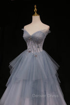 Blue Tulle A-Line Strapless Long Prom Dresses, Blue Evening Party Dresses