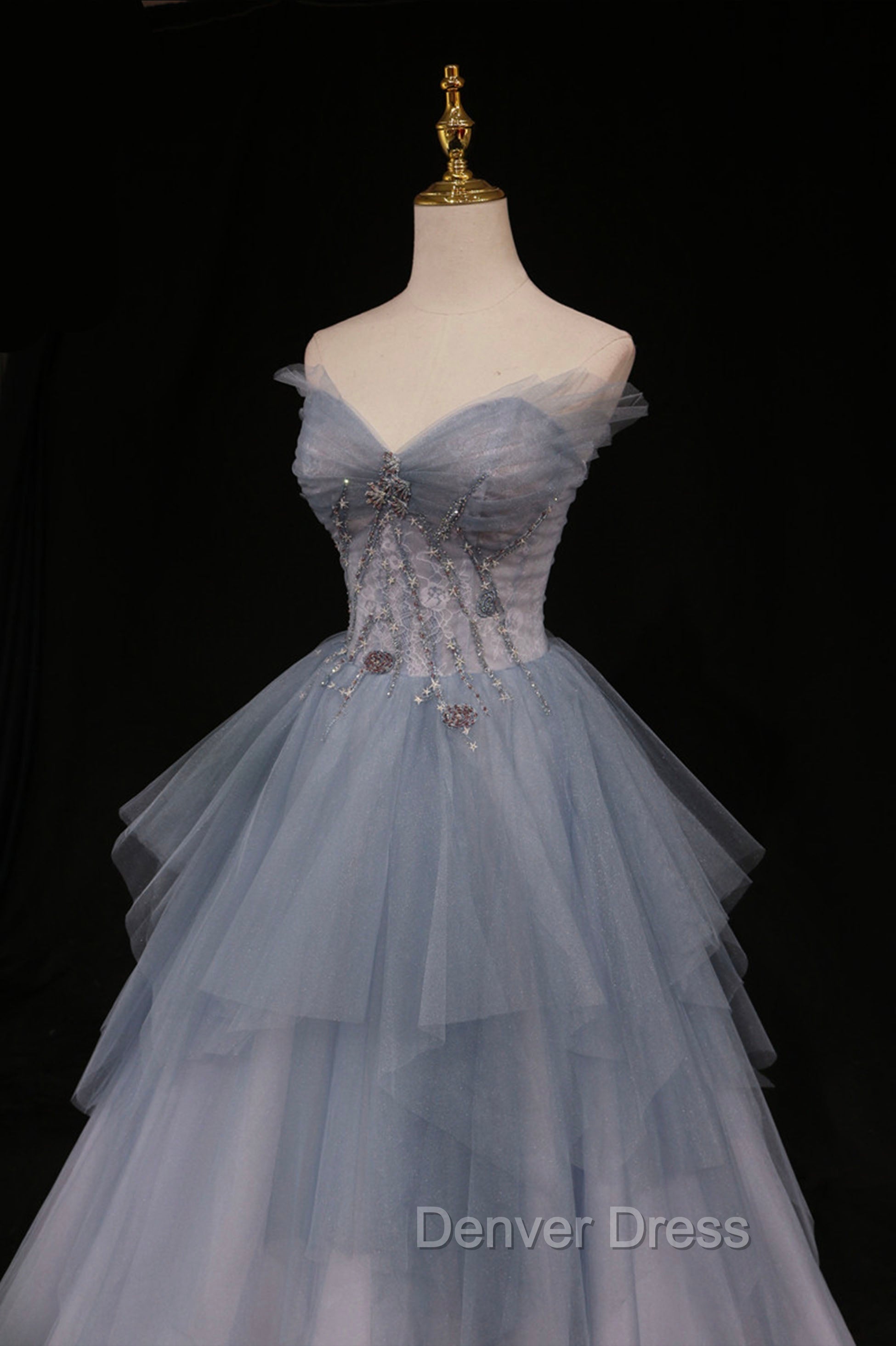 Blue Tulle A-Line Strapless Long Prom Dresses, Blue Evening Party Dresses