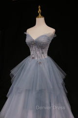 Blue Tulle A-Line Strapless Long Prom Dresses, Blue Evening Party Dresses